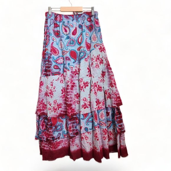 Paisley tiered pink blue dye Maxi Skirt mixed print patchwork - Picture 4 of 13